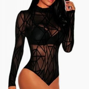 NWT Black Sheer Geometric Velvet Bodysuit